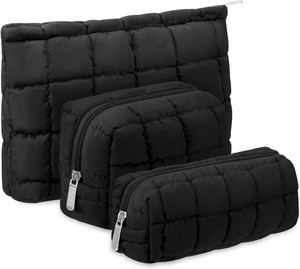 Huhumy 3 Pcs Puffy Makeup Bag for Women, Checkered, Black, Medium