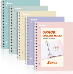 SUNEE Spiral Notebooks, 1-Subject, 5 Pack, College Ruled Paper, 8 x 10-12, 70 Sheets per Notebook,3-Hole Punched Paper, Pink,Purple, Blue, Green, Yellow Spiral Lined Notebooks for School,Work