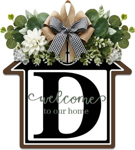 $24 Large 14 Last Name House Front Door Wreath Decor for All Seasons, 26 Initial Letter Wreaths for Front Door Porch Welcome Garland and Eucalyptus Hanging Gift for Farmhouse Welcome Sign (D)