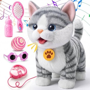 $31 Gray Walking Cat Toy Kitten for Girl Talks Meows Licks with Leash Play Set