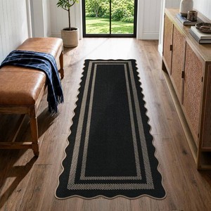 $39 LIVEBOX Scalloped Easy Jute Kitchen Runner Rug, 2x6 Hallway Runner Black Rugs for Entryway, Indoor Outdoor Washable Non Slip Rug Farmhouse Modern Carpet Door Mat for Porch Bedroom Laundry 6ft Entry