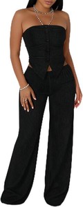 $35 LovelyWholesale Sexy 2 Piece Outfits for Women Textured Tube Top and High Waist Wide Leg Pant Set