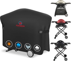 $30 Comnova Grill Cover for Weber Q Grill on Cart - 7112 BBQ Cover for Weber Q3000Q300Q2000Q200 with Portable Stand, 600D Heavy Duty & Waterproof BBQ Cover for Weber Q3200, 3000, 320, 300 and More