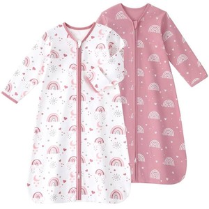 $32 Baby Sleep Sack 18-24 Months, Long Sleeve Baby Wearable Blanket 0.5 Tog with Mittens, 2-Way Zipper Toddler Cotton Sleeping Sack for Boy and Girl Pink Rainbow 2 Pack(XLarge)