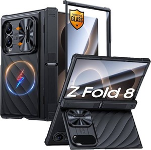 $40 Vizvera for Galaxy Z Fold 8 Case, Magnetic Power Wireless Charging with Sliding Lens Cover, Built-in Hinge Kickstand Protection,Rugged Textured Shockproof Phone Case for Z Fold 8 (2026)-Black