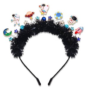 Space Astronaut Headbands for Women Universe Spaceman Rocket Planet Saturn Moon Stars Hairband Funny Celestial Explorer Tinsel Hair Hoop Birthday Holiday Party Gifts (1, Black Tinsel Space Headband) (moon piece missing)
