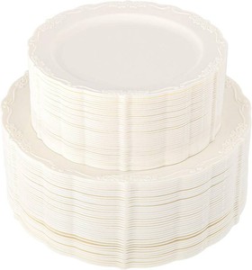 $46 U-QE 100 Pcs Ivory Plastic Plates for Party - Ivory Disposable Plates