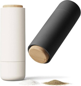 LIBKEN Non-Spill Salt and Pepper Grinder Set - Adjustable Ceramic Grinder - Minimalistic Spice Mill - Easy to Refill Condiments Dispenser - Wood & Soft-Coated Plastic - 6.2 x 2.2 inch (White & Grey)