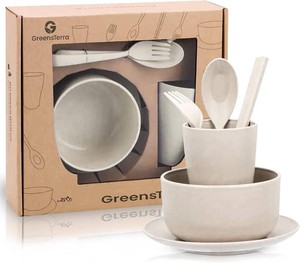 Eco-friendly Wheat Straw Dinnerware Set - Reusable and Durable Wheat Straw Plates and Bowls Set with Utensils - Great for Picnic, Camping - Microwave & Dishwasher safe - Beige