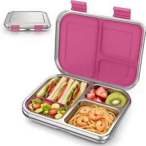 $46 BABHAMNESS Stainless Steel Bento Box Kids, 3 Compartments Leak Proof Metal Bento Lunch Box, 304 Stainless Steel Bento Lunch Containers for School and Office,Dishwasher Safe, BPA-Free-Pink