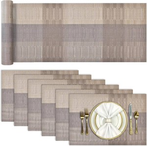 $20 Aofmee Table Runner and Placemats Set of 6 Washable, Heat Resistant Place Mats with Table Runner, Woven Vinyl Table Placemats, Stain Resistant Kitchen Table Mats Sets, Easy to Clean, Gold, Set of 7