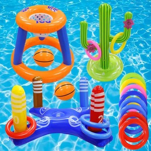 $24 Pool Toys Games Set,Pool Basketball Hoop Inflatable Cross Ring Toss Game and Inflatable Cactus Kids for Teens Adults and Family (3 Set Water Toys)
