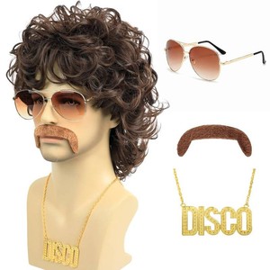 $23 Bettecos 70s Disco Wigs for Men - Brown Curly 80s Mullet Wig for Halloween Costume Party Male Afro Funny Wigs with Glasses Necklace and Mustache (Brown)