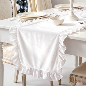 $25 Chumia Christmas White Velvet Table Runner Ruffled Tablecloth, 118 Inch