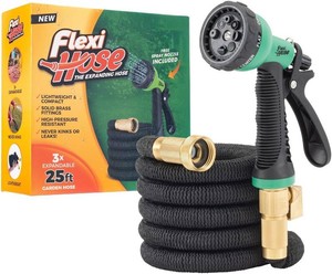 $45 Flexi Hose with 8 Function Nozzle, 25FT - Lightweight Expandable Garden Hose, No-Kink Flexibility, 34 Inch Solid Brass Fittings and Double Latex Core