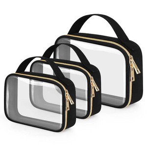 $25 Wedama Clear Toiletry Bag, 9 Pack Clear Makeup Bags with Handles, PVC Cosmetic Bags for Women and Men, Large Opening Toiletry Bags, Black