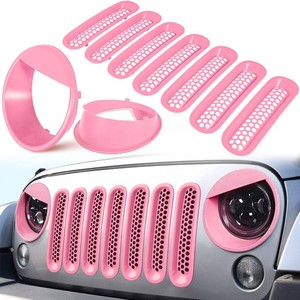 $34 Front Grille Mesh Inserts & Headlight Cover for Jeep Wrangler JK JKU Sport Freedom Rubicon Sahara Unlimited 2007-2018 Exterior Accessories Clip-in Grille Guard Headlight Bezels Trim (Matte Pink)