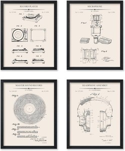 $23 Poster Master 4-Piece Music Blueprint Poster - Patent Print - Turntable Art - Microphone Design - Technical Drawing - Headphones Print - Sound Recorder Design - Music Room Decor - 8x10 UNFRAMED