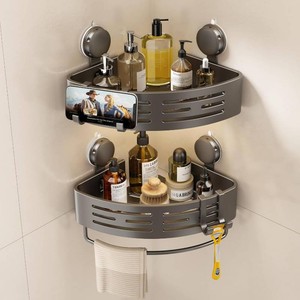 $30 VOLPONE Corner Shower Caddy Suction Cup Shower Shelf Corner No Drilling Bathroom Shower Organizer Storage Rack Adhesive with Towel Bar Hooks (2-Pack,Gray)