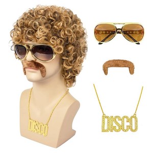 $21 Disco Wig 5Pcs Set (Wig Glasses Necklace Mustache Wig Cap) 70S Costumes Wig Afro Wig Men Short Curly Natural Fluffy Synthetic hair Wig for Halloween Disco Party