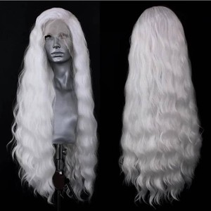$34 ELESTY Long Wavy White Hair Synthetic Lace Front Wig For Women Heat Resistant Fiber Loose Curly Lace Front Wig Glueless Lace Wigs Pre Plucked Natural Hairline Cosplay Party Wigs 24Inch