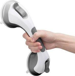 $26 LEVERLOC Shower Grab Bar, 12 Inch Suction Grab Bars for Bathtubs and Showers for Elderly, Shower Handle for Seniors Bathroom Safety Grip for Elderly, No Drilling Removable,Grey