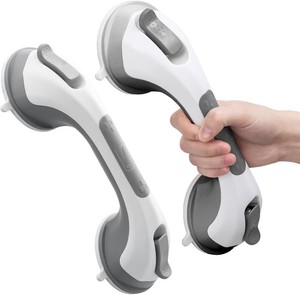 $35 LEVERLOC Grab Bars for Bathtubs and Showers 2 Pack Suction Grab Bar, Heavy Duty 12 Inch Shower Handle Removable Bath Handrails for Seniors and Elderly, Bathroom Safety Grip No Drilling Waterproof Grey