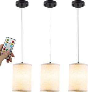 $100 Battery Operated Pendant Light with Remote,Fabric Pendant Lights Kitchen Island 3 Pack No Hardwired,Cordless Hanging Lights for Living Room with 50hrsLong Life Rechargeable Light Bulbs