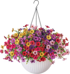 $40 HyeFlora Artificial Faux Hanging Flowers Plants Basket for Outdoor Outside Decoration, Fake Silk Colorful Daisy in Planter for Porch Patio Garden Yard Home