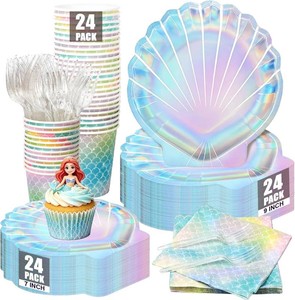 $20 120Pcs Mermaid Paper Plates and Napkins Party Supplies,Serve 24