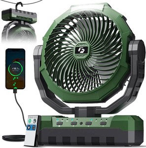 $40 FRIZCOL 3-in-1 Camping Fan - Portable Fans Rechargeable - 24000mAh Battery Powered Fan with Light & Remote for Indoor, Outdoor, Tent, Travel, Fishing, Jobsite, Gifts for Men Dad Him - Green