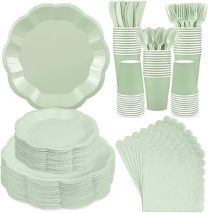 $25 350 Pcs Sage Green Paper Plates and Napkins Disposable Tableware Serve 50