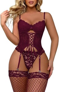 Lilosy Sexy Lingerie Set Womens Corset Bodysuit 3 Piece