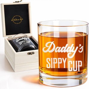 LIGHTEN LIFE Daddys Sippy Cup Whiskey Glass 12 oz,Unique Dad Gift in Valued Wooden Box,Funny Gag Gift for New Dad,Father,Husband from Kids Wife for Fathers Day,Birthday,Christmas
