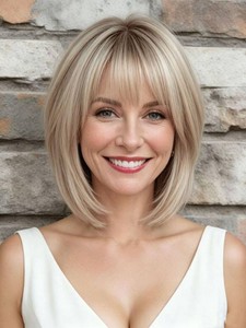 $27 Layered Ombre Light Blonde Wigs for White Women with Bangs, Synthetic Straight Short Haircuts Wig Natural Looking Lightweight Glueless Blonde Bob Wig for Thinning Hair Lady Daily Wear