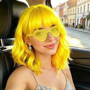 MEEZY Wavy Bob Wig with Bangs Heart Sunglasses Women Fun Party Cosplay Wigs