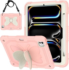 $26 Case for iPad Pro 11 Inch 2024 (5th Gen), Cute Butterfly Cartoon Silicone Kickstand Shockproof Protection Cover with Strap for iPad Pro 11-inch M4 Case for Kids Boy Girl Gift (Pink)
