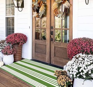 Green and White Outdoor Rug 24x51Washable Striped Layered Door Mat