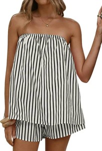 $23 Women Striped 2 Piece Outfits Strapless Tube Tops Short Set Summer Vacation Y2k Sleeveless Backless Matching Sets Womens Size S