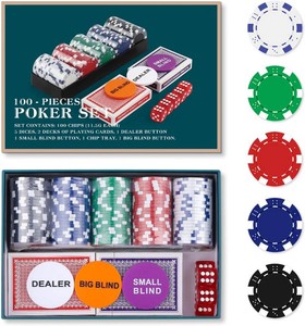 Homwom Poker Chip Travel Set, 100PCS 5 Color Professional Poker Chips in Cardboard Gift Box, 11.5 Gram Clay Composite Casino Poker Chips for Casino Card Games Texas Holdem Blackjack