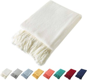$20 Homiest Ivory Knitted Throw Blanket with Fringe, 50x60 Inch