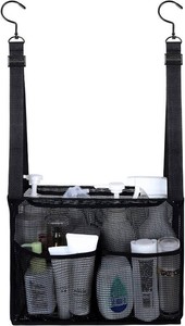 4 Storage Pockets Adjustable Hanging Mesh Bathroom Bag, Shower Caddy College with Hooks, Applied to College Dorm Rooms, Gym, Swimming and RV Travel (Black)