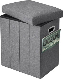 $26 Tall Ottoman with Storage Collapsible Fabric Small Slim Folding Ottoman Furniture with Handles Lid for Room Footrest Foot Stool Linen Grey 16.5x16.5x11.8in