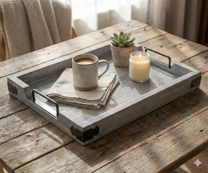 $35 Wooden Rustic Large Serving Tray with Handles  Gray  Vintage Style  Unique Decorative Metal Corners  Outdoor & Ottoman Tray  Rustic Home Decor