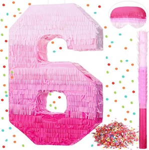 $30 Sratte Number Pi ata Pink Pi ata Birthday Decorations Gradient with Stick Blindfold Confetti for Girls Boys Birthday Anniversary Party Decorations Supplies(Number 6)