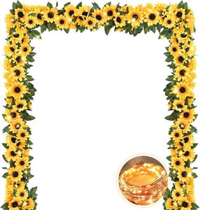 $25 4 Pack Artificial Sunflower Garland Decor with Lights, Sunflower Vines Hanging Flowers Garland with Green Leaves, Fake Yellow Flower Vines Room Wedding Party Decoration(4 Pack)
