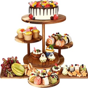 $50 Hushee 4 Pcs Wood Round Cupcake Tower Stand with Serving Platters Trays Set, 4 Tier Wooden Cake Stand Tray with 1 Round Dinner Plate 2 Rectangular Plates for Dessert Snack Party(Brown)