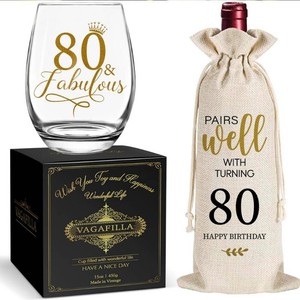 Fabulous Stemless Wine Glass & Linen Wine Gift Bag 15oz, Glitter Gold Design Happy Birthday Presents Wine Glass Gifts for Mom Dad Grandparents Woman Man Friends Aun (80th)