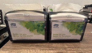 Lot of (2) Tork Xpressnap N4 Tabletop Interfold Napkin Dispensers  Professional AD-a-Glance Side Panels  Sleek Black