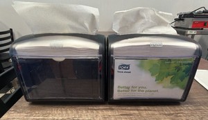 Lot of (2) Tork Xpressnap N4 Tabletop Interfold Napkin Dispensers  Professional AD-a-Glance Side Panels  Sleek Black